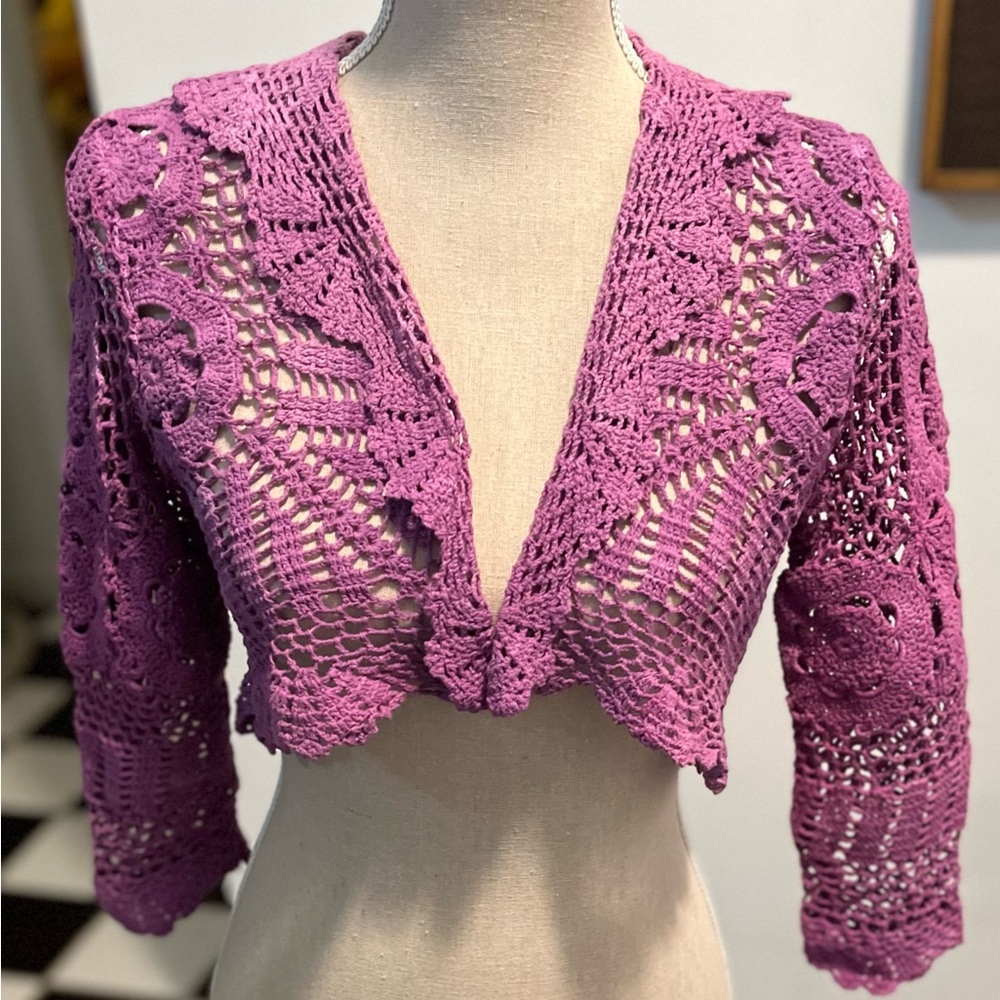 🆕 💕Beautiful Hand Made 100% Cotton Crochet 3/4 Sleeved Shrug in Dusty Purple